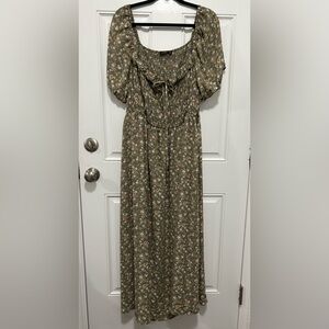 Olive Green Floral Maxi Dress with Puff Sleeves